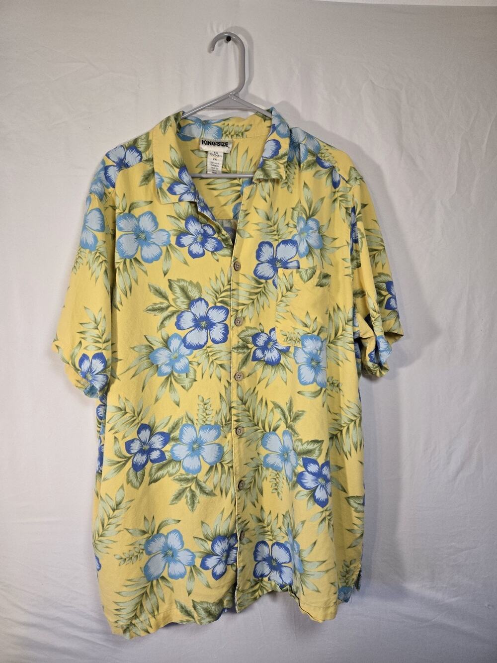 King Size US Mens Size 2X Hawaiian Floral Yellow Shirt Short Sleeve Wood Buttons